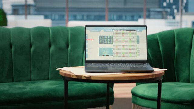 Empty urban enterprise high end office designed for a person with authority, analytics and profit trends running on screen. Modern global corporation workspace, business success.