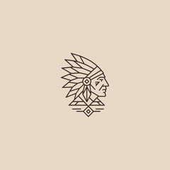 Native American Indian head line art cultural minimalist logo.