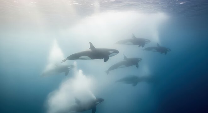 Ethereal dance of orcas in the depths illuminating the beauty of marine life and ocean realm