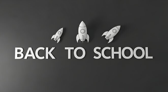 Three white miniature rockets soar above the bold text caption back to school which marks the academic season opening for excited pupils eager to participate in learning activities