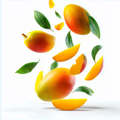 The mango slices flying and falling from above are isolated on a white background.
