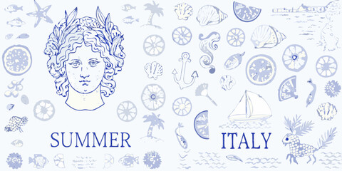 Summer in italy collage with classical bust seashells citrus fruits palm trees and sailing boat