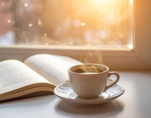 Steaming coffee next to an open novel, a perfect cozy morning read