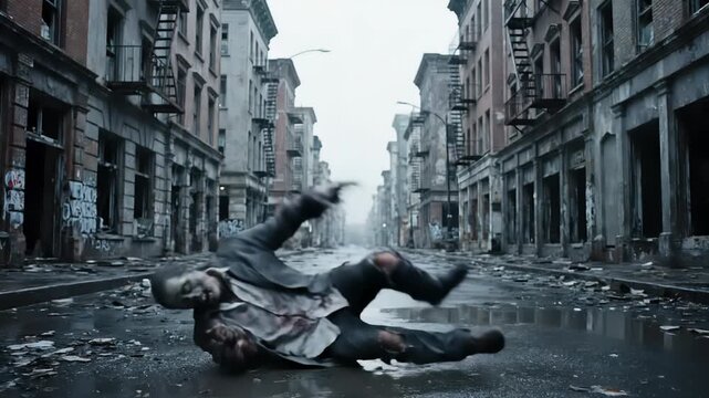 A terrifying, tattered undead creature with decaying features lurches forward in a desolate city street, surrounded by neglected buildings and reflective puddles.