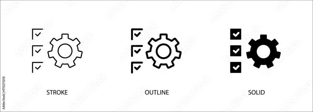Poster gear icon with checkboxes for technical checks, quality assessment. vector stroke, outline and solid