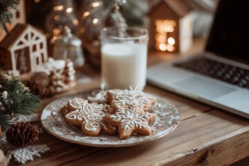 Fototapeta premium Wooden table with plate of gingerbread cookies and glass of milk, styled for Christmas.