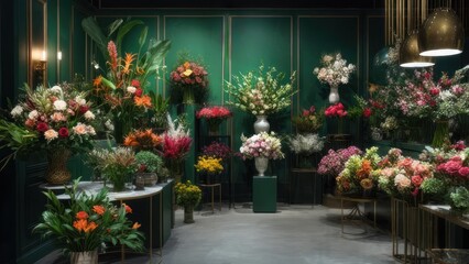 Floral arrangements in a green interior shop display