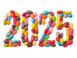 The numbers 2025 formed from colorful assorted candies, studio shot, top view.
