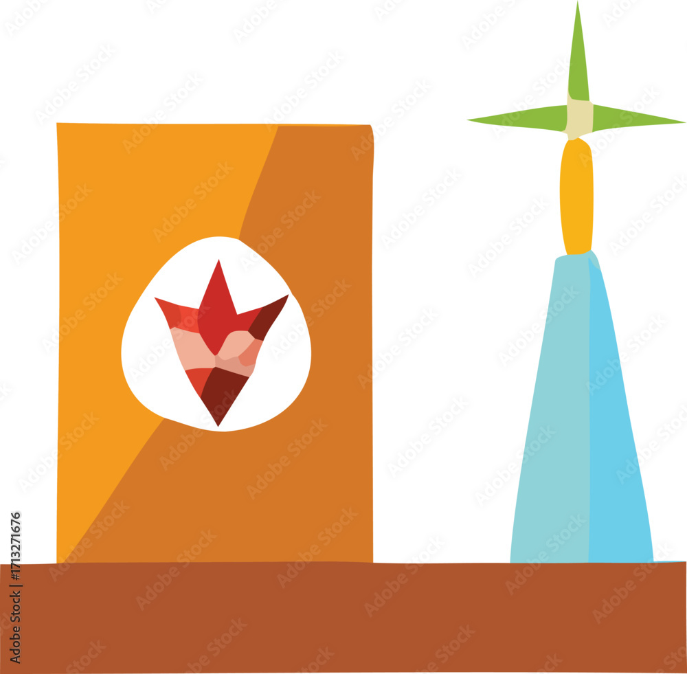 Poster abstract geometric rocket ship soaring past a stylized orange abstract object with a white circular 