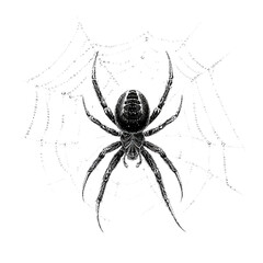 Detailed illustration of a black spider on a dew-covered web, isolated on a white background. The spider is depicted in a central, top-down view, with its legs spread.

