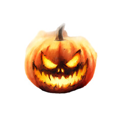 Scary jack-o'-lantern with a wicked grin and glowing eyes, isolated on a white background with a fiery aura.

