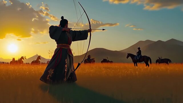 Archer aims at sunset with cavalry in the background on a golden field.