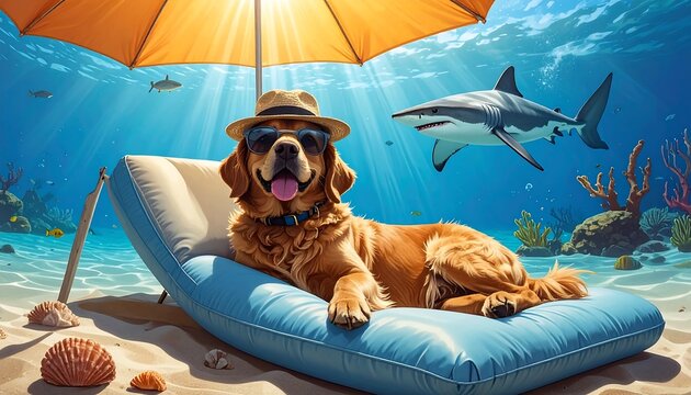 A golden retriever dog lounges on an inflatable beach lounger, enjoying a sunny underwater beach scene beneath an orange umbrella.