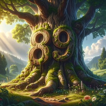 A magnificent tree trunk, adorned with the carved numbers eighty-nine, stands majestically in a sun-drenched forest glade.