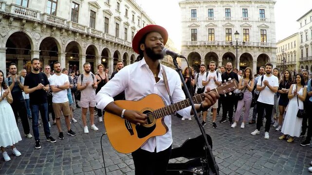 A street musician plays guitar for a crowd in a European square.