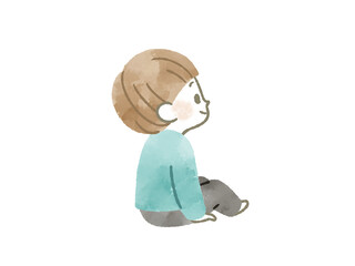 笑顔で座っている子ども-水彩