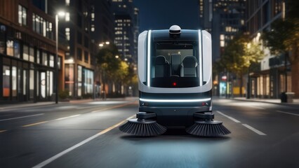 Futuristic Autonomous Street Sweeper Navigates a Modern City at Night
