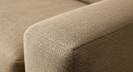 Close-up of a beige fabric sofa armrest, showing texture and stitching details.