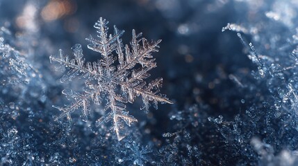 Intricate snowflake close-up, detailed crystalline structure