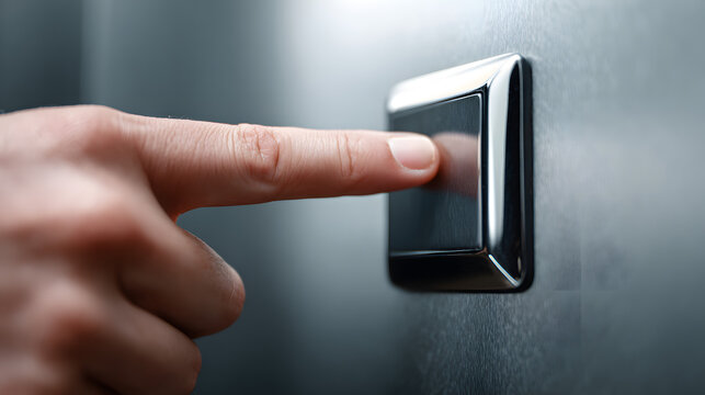 Pressing the Button: A close-up shot captures a hand pressing a sleek, metallic button, inviting viewers to consider themes of activation and choice, within the simple action.