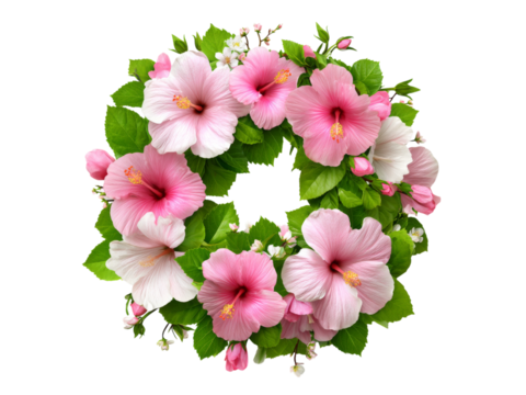 Pink hibiscus flower wreath isolated on black background, Isolated On White, Png Transparent