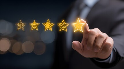 Customer Service Evaluation Concept. Users tap the smiley face icon on the virtual touchscreen. Quality review, feedback survey, highest five-star rating, market research, customer satisfaction.
