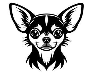 Monochrome chihuahua head with pointy ears and detailed fur on a black background illustration