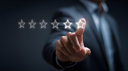 Customer Service Evaluation Concept. Users tap the smiley face icon on the virtual touchscreen. Quality review, feedback survey, highest five-star rating, market research, customer satisfaction.
