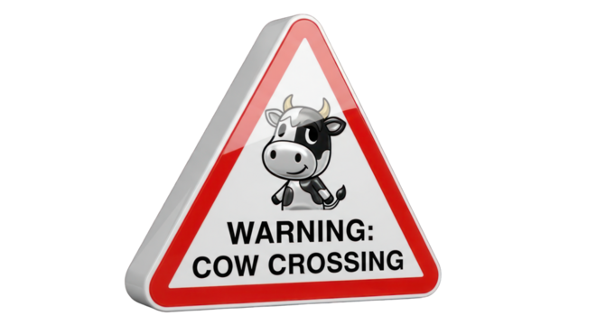 Cartoon Cow Crossing Warning Sign with Red Border.