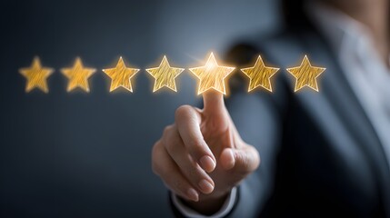 Customer Service Evaluation Concept. Users tap the smiley face icon on the virtual touchscreen. Quality review, feedback survey, highest five-star rating, market research, customer satisfaction.
