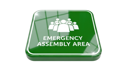 Green Emergency Assembly Area Sign with White Border and Symbol.