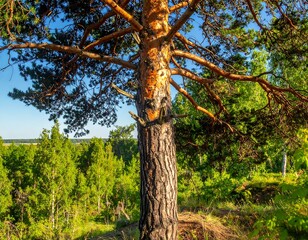 Fototapeta premium A towering pine tree casts shade over a vibrant forest landscape, showcasing a bright blue sky and a tranquil natural scene.