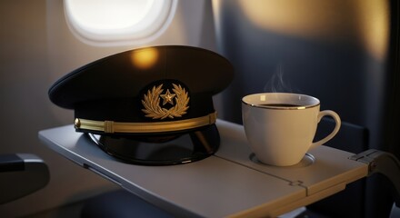 Pilot's rest: Aviation uniform hat and steaming coffee on airplane tray table during flight