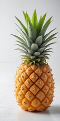 Close-up of single pineapple segment with juice droplets on a white surface