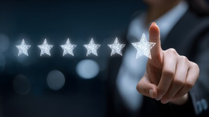 Customer Service Evaluation Concept. Users tap the smiley face icon on the virtual touchscreen. Quality review, feedback survey, highest five-star rating, market research, customer satisfaction.
