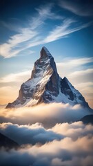 Majestic mountain peak surrounded by dense fog