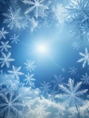 Winter wonderland with swirling snowflakes in shades of blue and white against a frosted background