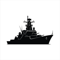 Fototapeta premium Black silhouette of a large warship with multiple guns and radar navy military