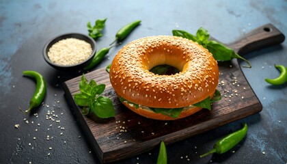 Sesame bagel sandwich with herbs