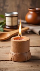 A candle holder made of wood with a wick trimmer and a small flame in the background