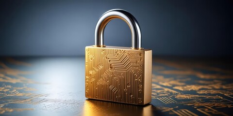 Futuristic Golden Padlock with Electronic Circuits Close-Up on Reflective Surface with Copy Space