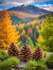 pine cones sitting atop a pine tree in autumn