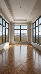 empty gallery room with herringbone wood floors and large windows