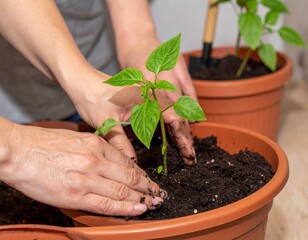 Hands gently planting a small green seedling into fresh soil, nurturing new growth