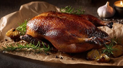 Golden-brown roasted duck, garnished on rustic paper with herbs, garlic and spices