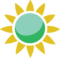 Bright golden sun with teal and green center representing energy and warmth for summer and daylight concepts