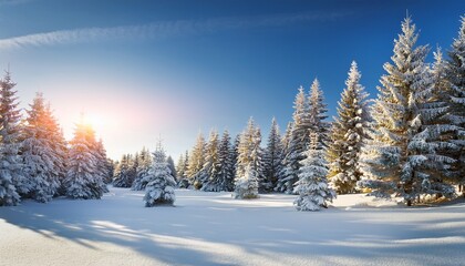 Naklejka premium Sunny Winter Landscape With Pines Covered In Snow
