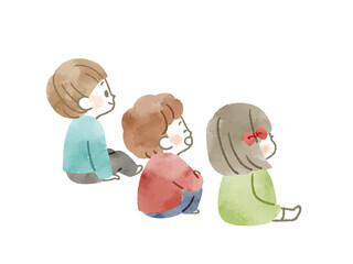座っている3人の子供-水彩