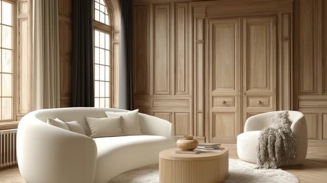 A luxuriously appointed living room, featuring a curved sofa, a round coffee table, and elegant wooden paneling.