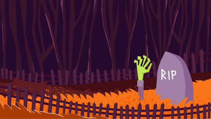 Spooky Halloween background with zombie hand rising from grave near tombstone in dark forest. Perfect for horror party invitations, seasonal posters, wallpapers, banners, and greeting cards.